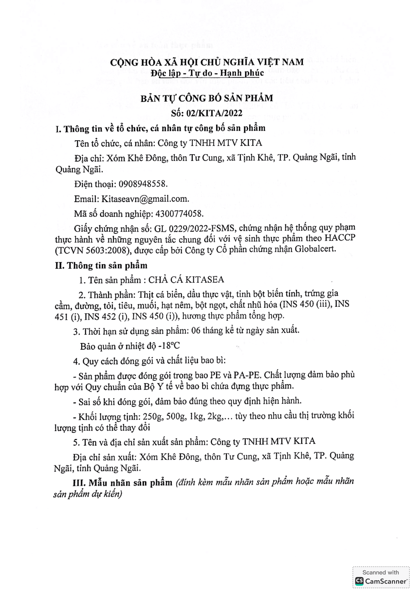 BẢN CÔNG BỐ SẢN PHẨM CHẢ CÁ