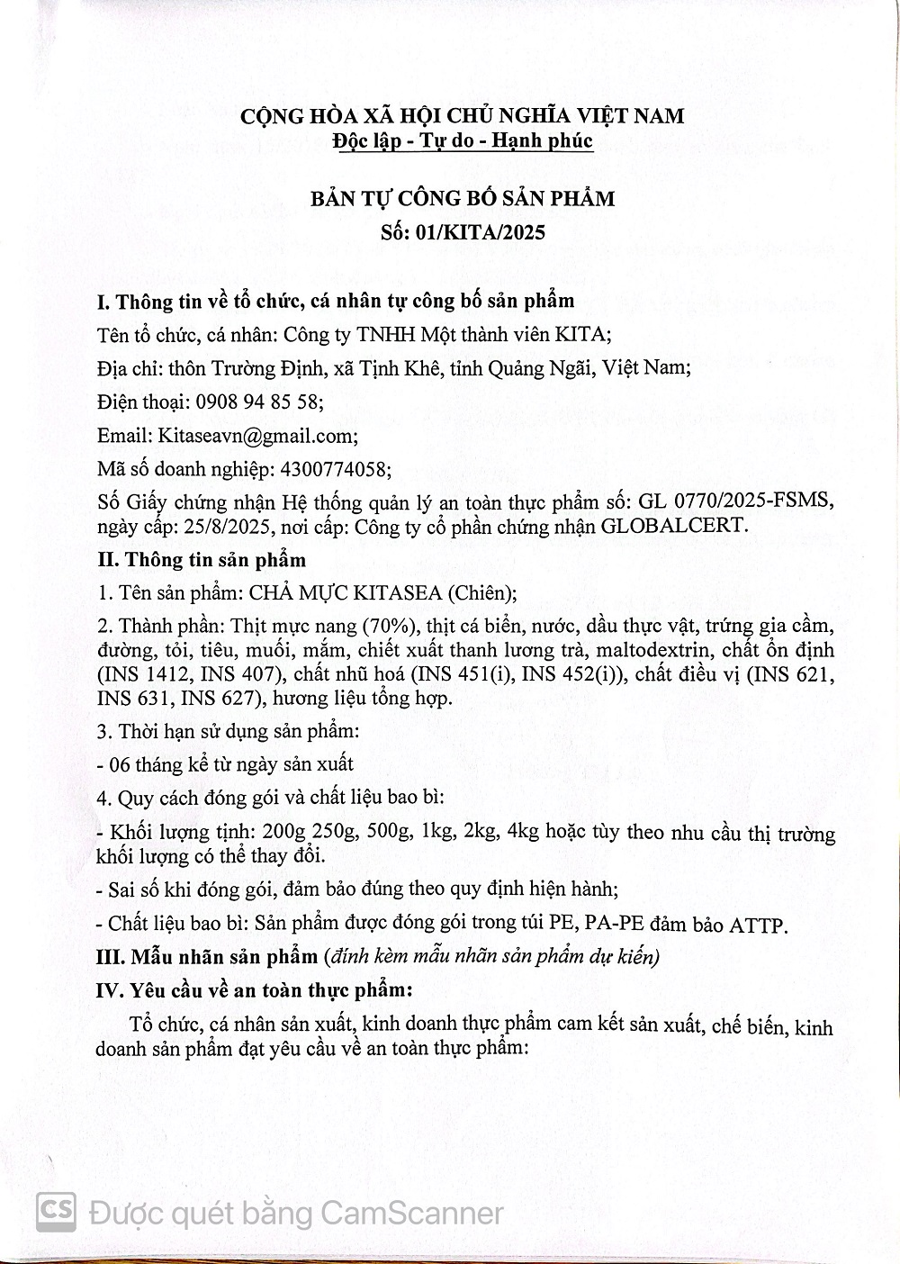 BẢN TỰ CÔNG BỐ SẢN PHẨM CHẢ MỰC (chiên)