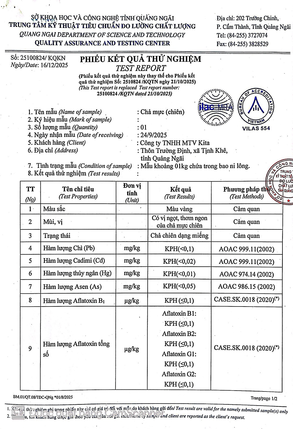 KẾT QUẢ KIỂM NGHIỆM CHẢ MỰC (chiên)