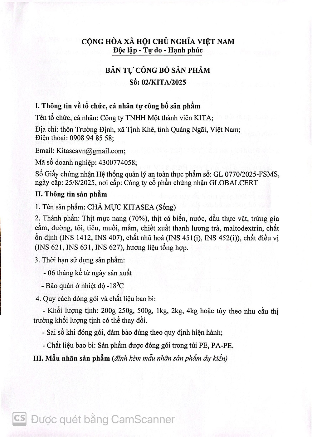 BẢN TỰ CÔNG BỐ SẢN PHẨM CHẢ MỰC (sống)