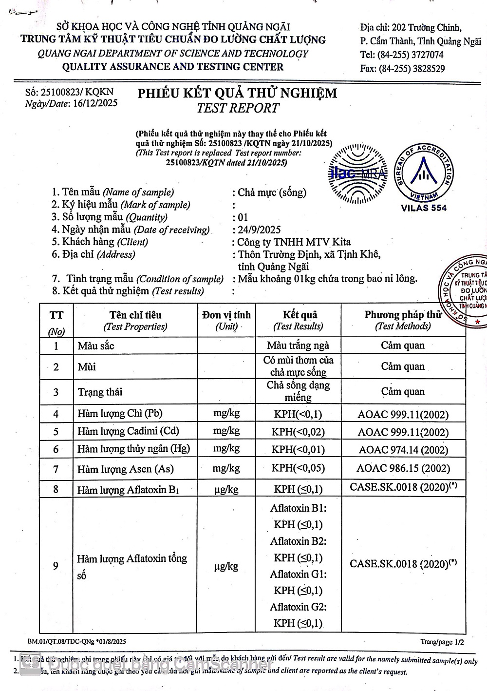 KẾT QUẢ KIỂM NGHIỆM CHẢ MỰC (sống)