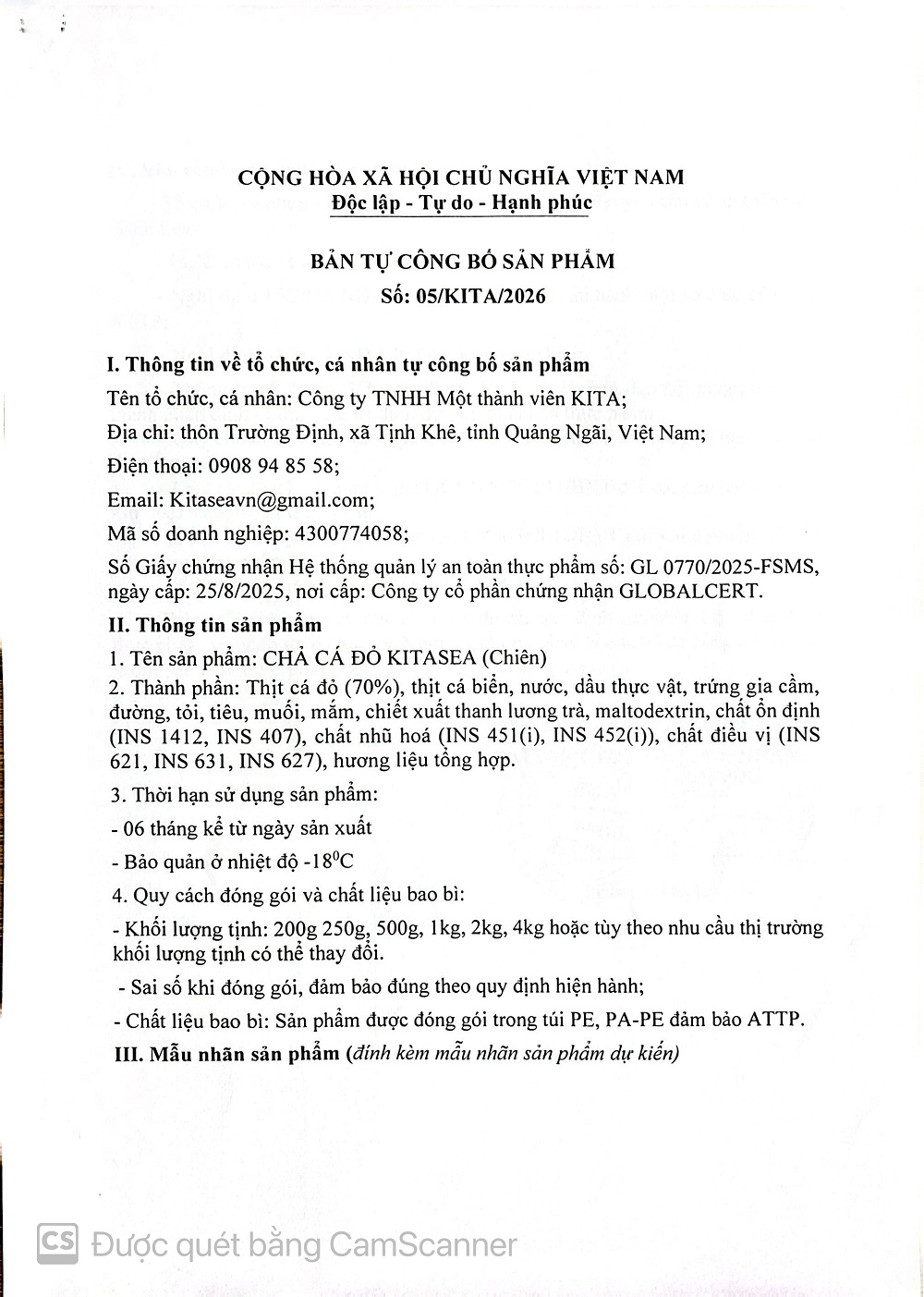 BẢN TỰ CÔNG BỐ SẢN PHẨM CHẢ CÁ ĐỎ (chiên)