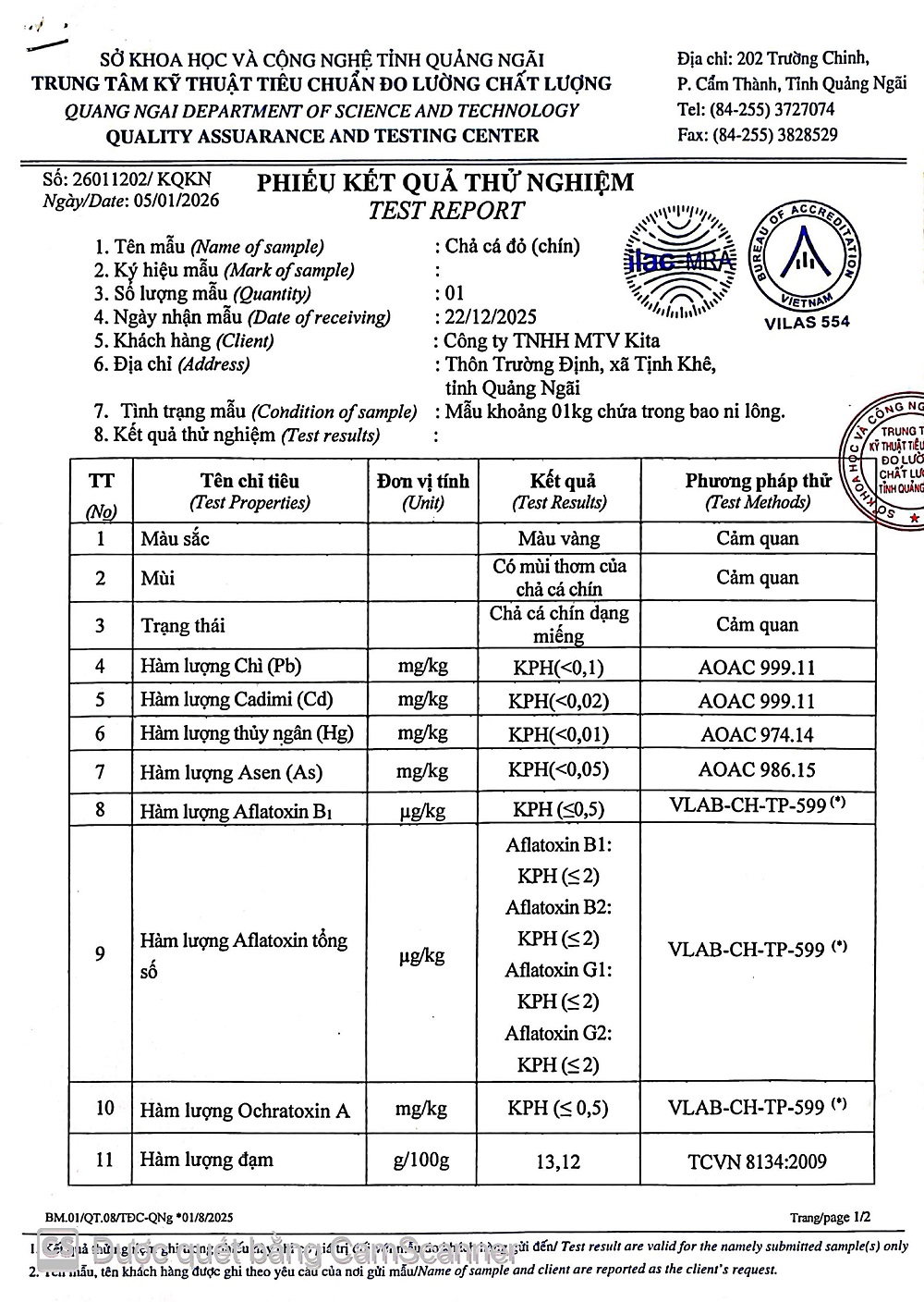 KẾT QUẢ KIỂM NGHIỆM CHẢ CÁ ĐỎ (chiên)