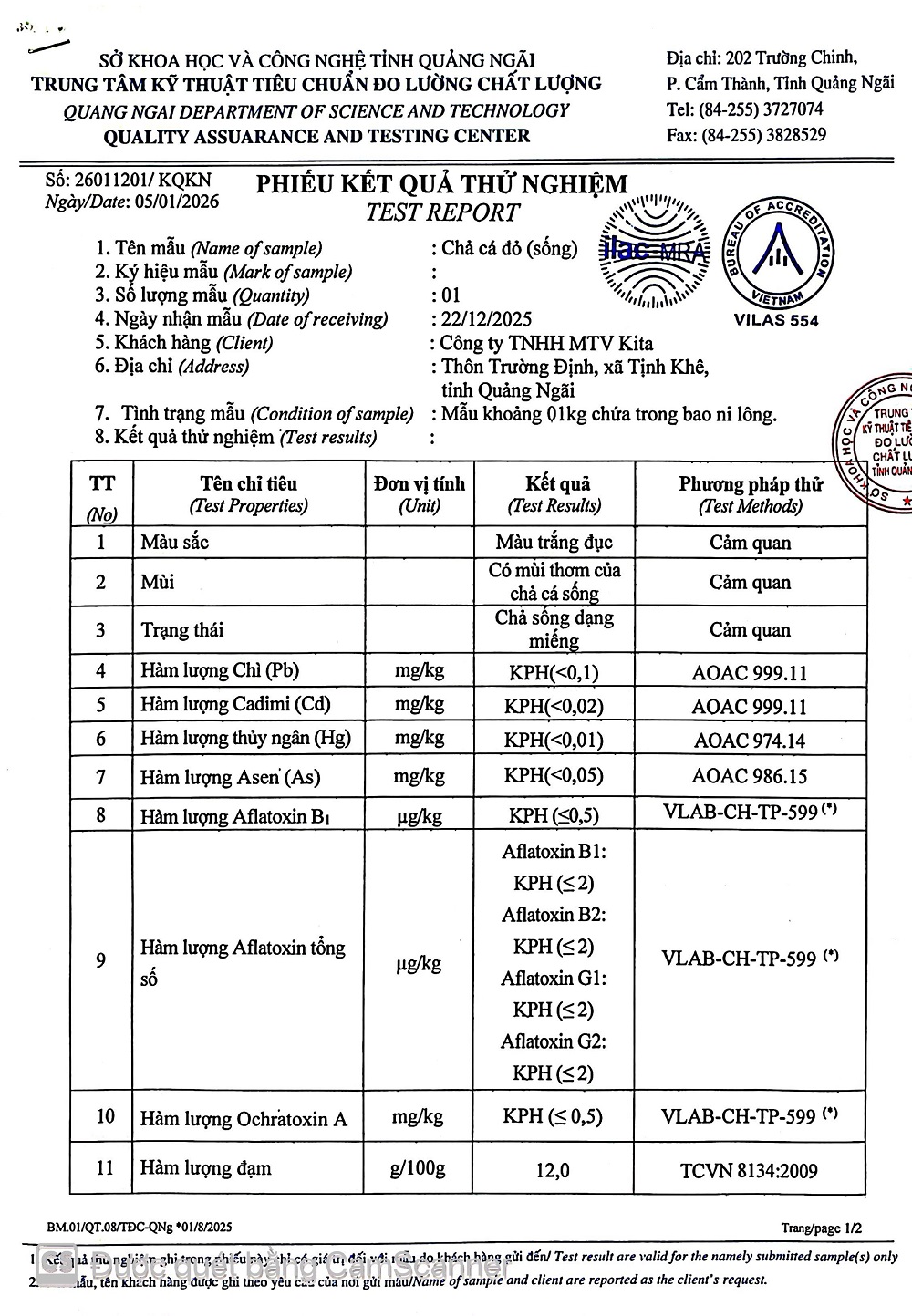 KẾT QUẢ KIỂM NGHIỆM CHẢ CÁ ĐỎ (sống)