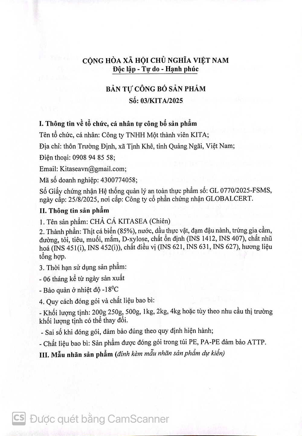 BẢN TỰ CÔNG BỐ SẢN PHẨM CHẢ CÁ BIỂN (chiên)