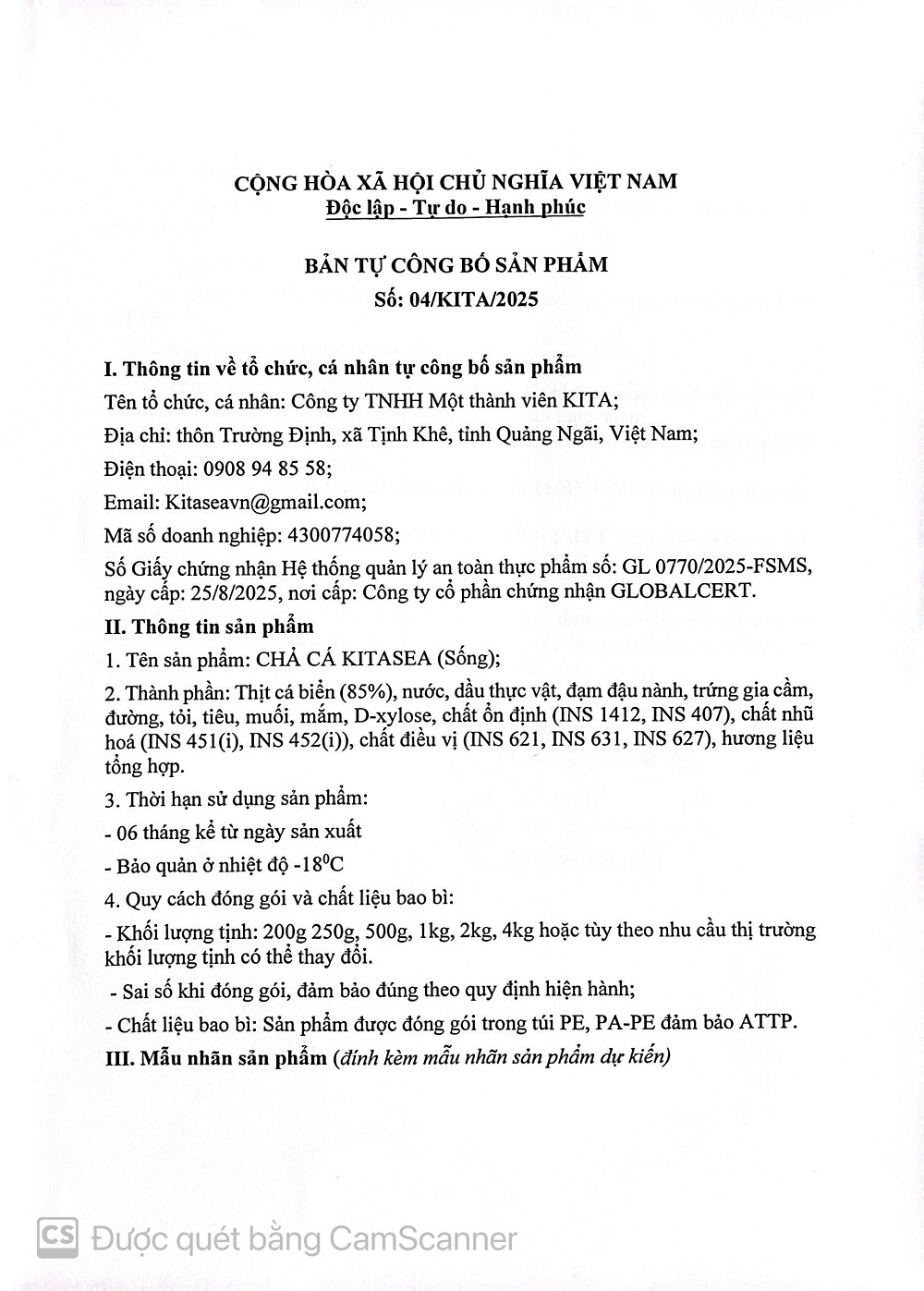 BẢN TỰ CÔNG BỐ SẢN PHẨM CHẢ CÁ BIỂN (sống)