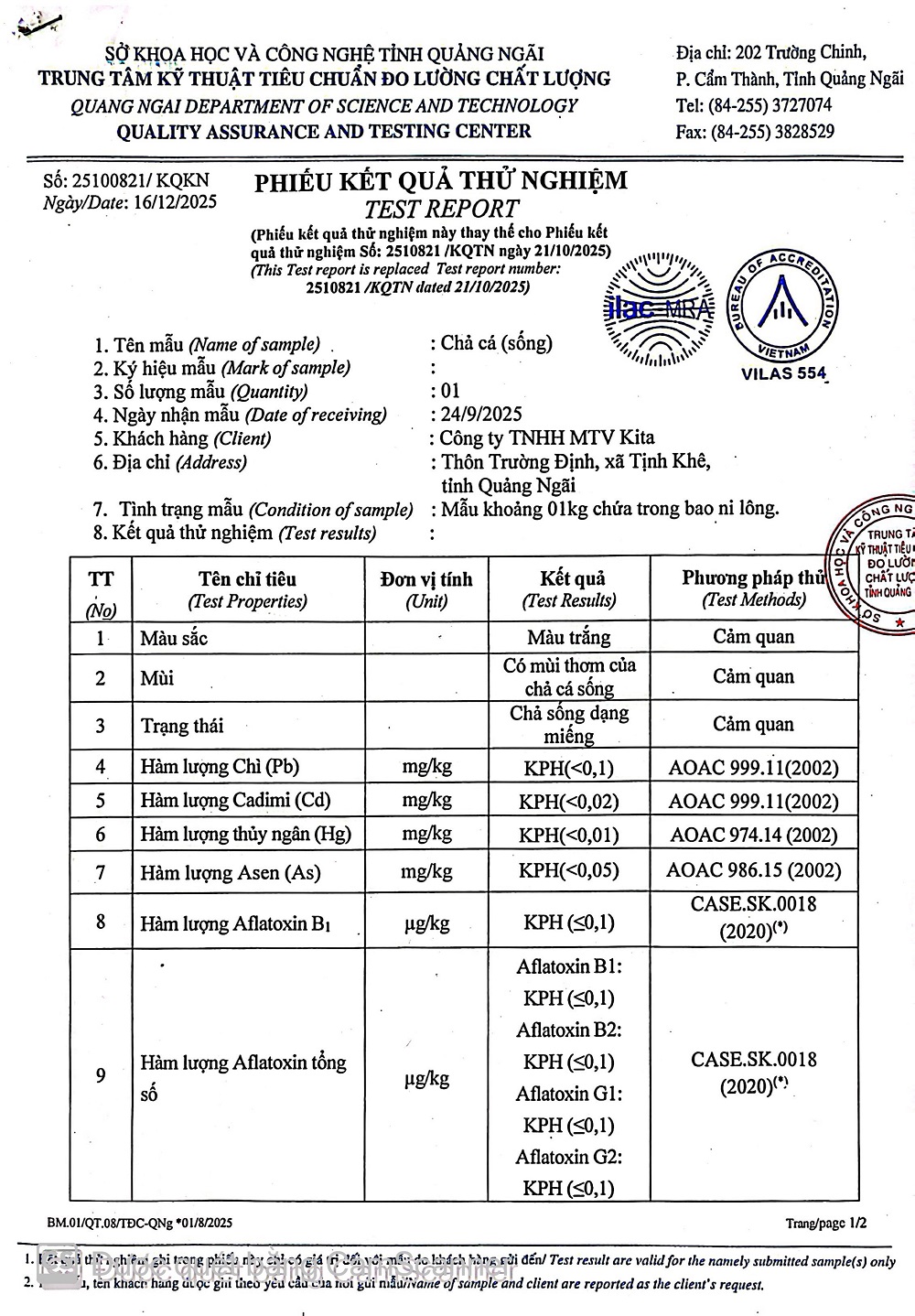 KẾT QUẢ KIỂM NGHIỆM CHẢ CÁ BIỂN (sống)