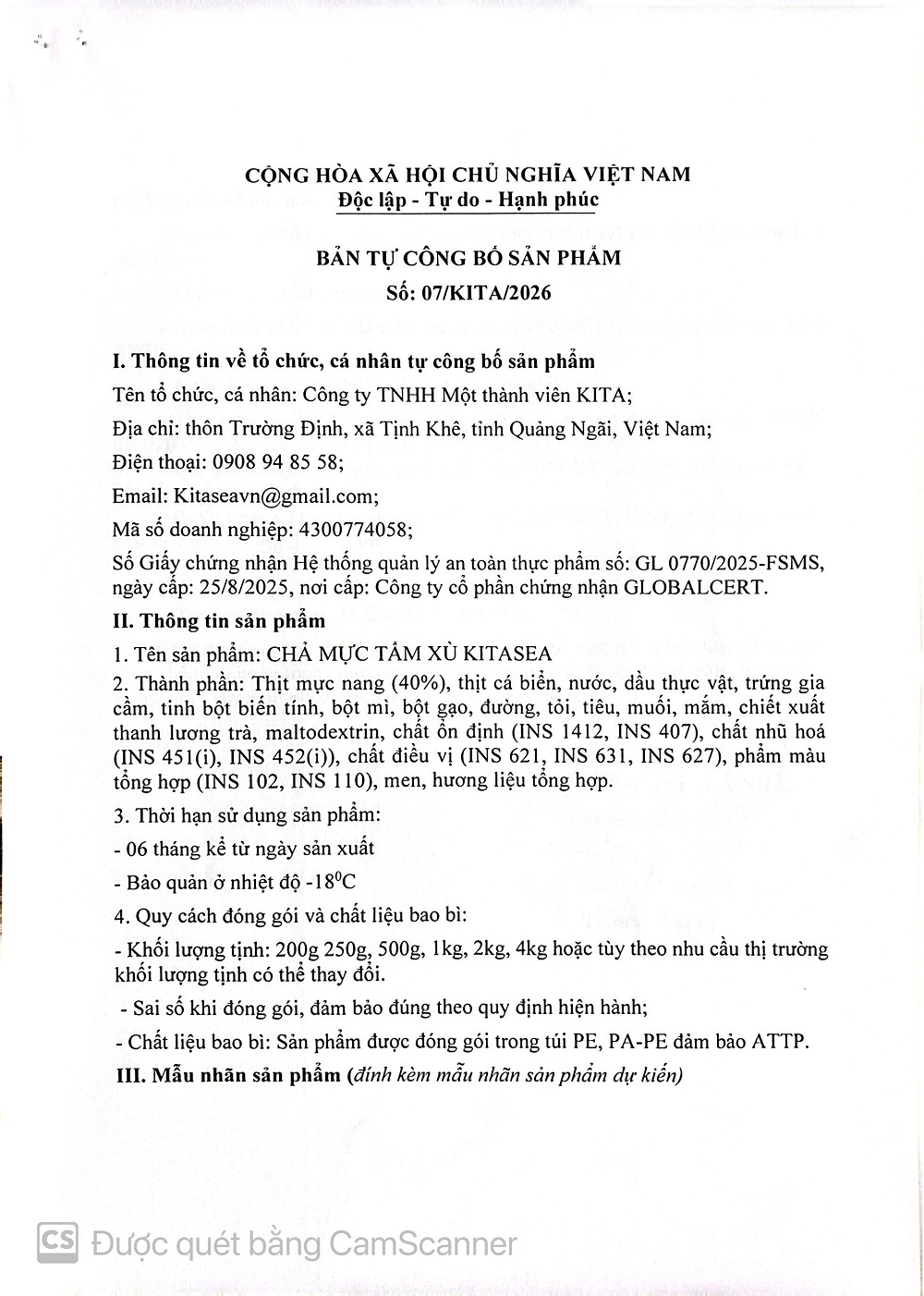 BẢN TỰ CÔNG BỐ SẢN PHẨM CHẢ MỰC TẨM XÙ