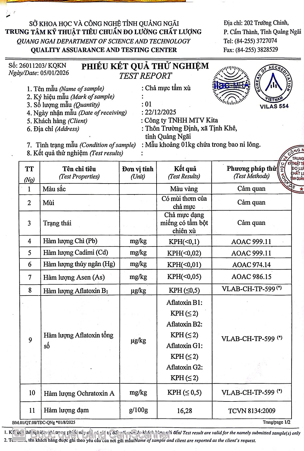 KẾT QUẢ KIỂM NGHIỆM CHẢ MỰC TẨM XÙ